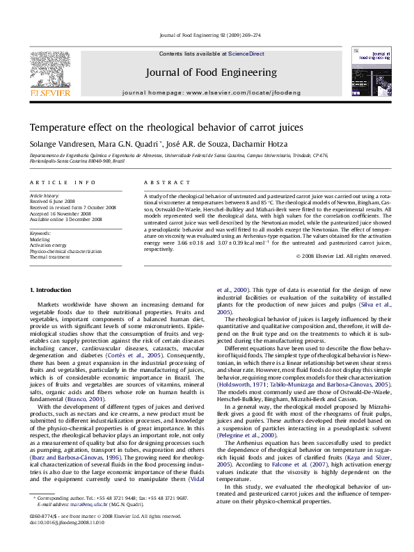 (PDF) Temperature effect on the rheological behavior of carrot juices
