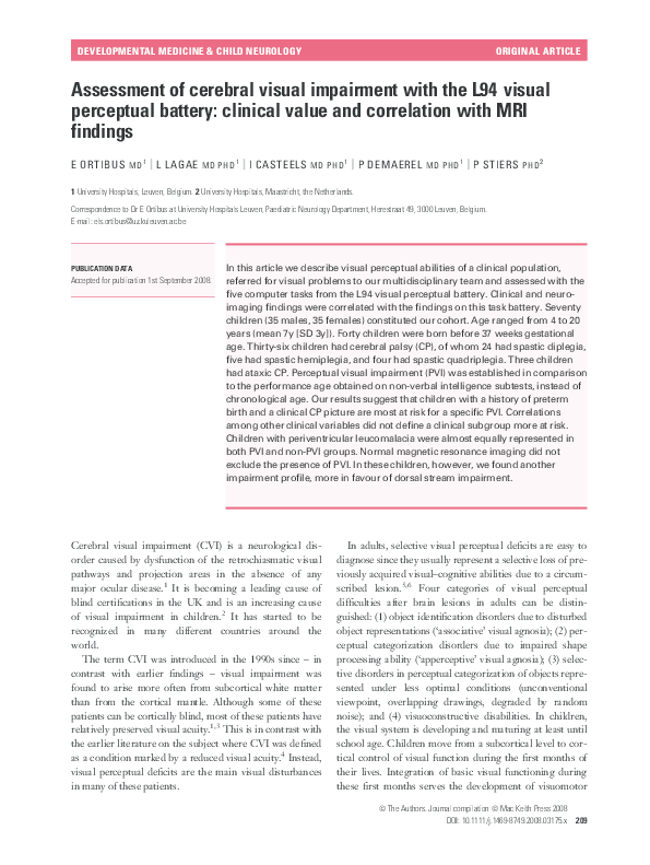 (PDF) Assessment of cerebral visual impairment with the L94 visual