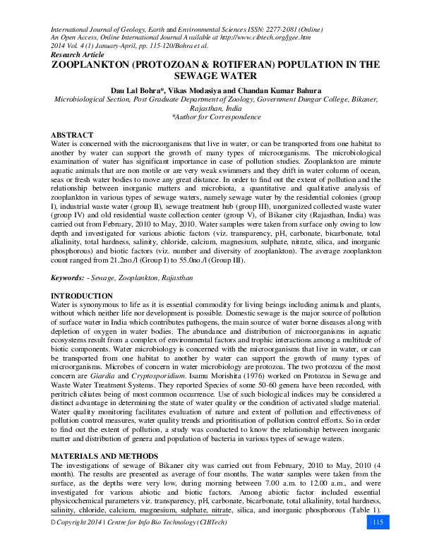 (PDF) ZOOPLANKTON (PROTOZOAN & ROTIFERAN) POPULATION IN THE SEWAGE WATER