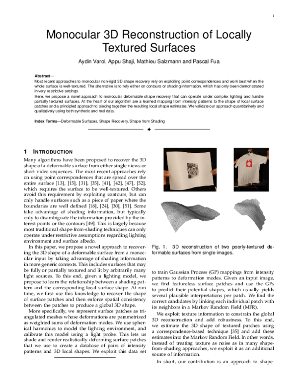 (PDF) Monocular 3D Reconstruction of Locally Textured Surfaces