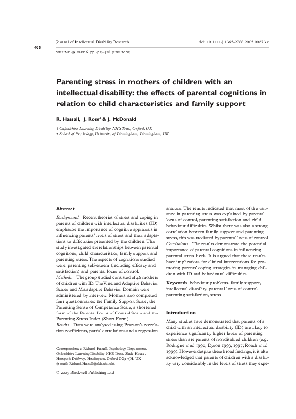 Pdf Parenting Stress In Mothers Of Children With An Intellectual