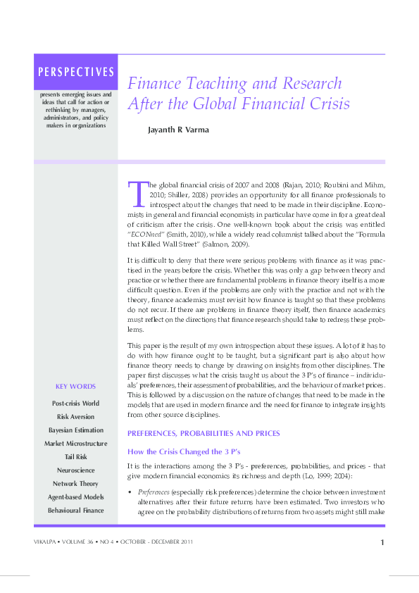 (PDF) Finance Teaching and Research after the Global Financial Crisis