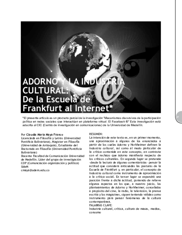 (PDF) Max Horkheimer y Theodor Adorno La industria cultural. Iluminismo como mistificación de (PDF) Max Horkheimer y Theodor Adorno La industria cultural. Iluminismo como mistificación de