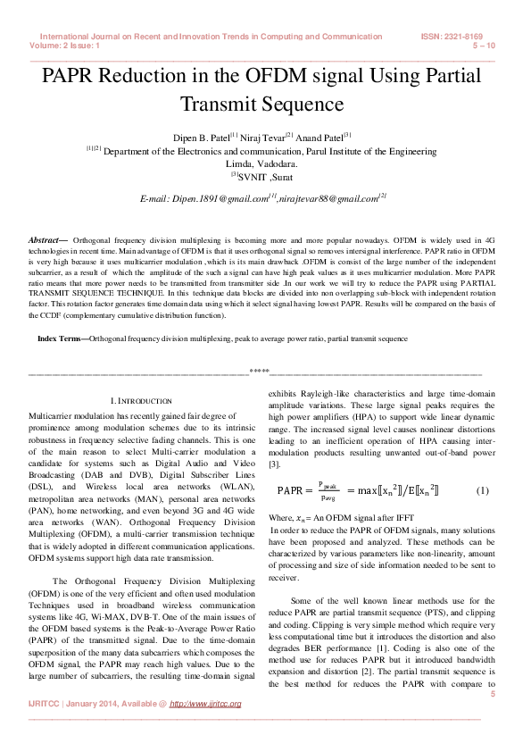 (PDF) PAPR Reduction in the OFDM signal Using Partial Transmit Sequence