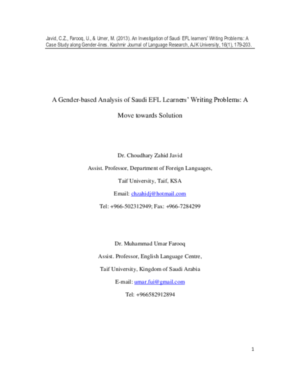 (PDF) A Gender-based Analysis of Saudi EFL Learners’ Writing Problems ...
