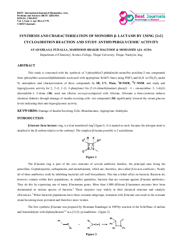 (PDF) SYNTHESIS AND CHARACTERIZATION OF MONO/BIS β- LACTAMS BY USING [2 ...