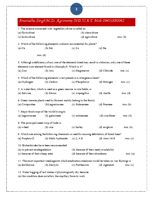 (DOC) GK Agriculture Crops questions and Answers Objective Type