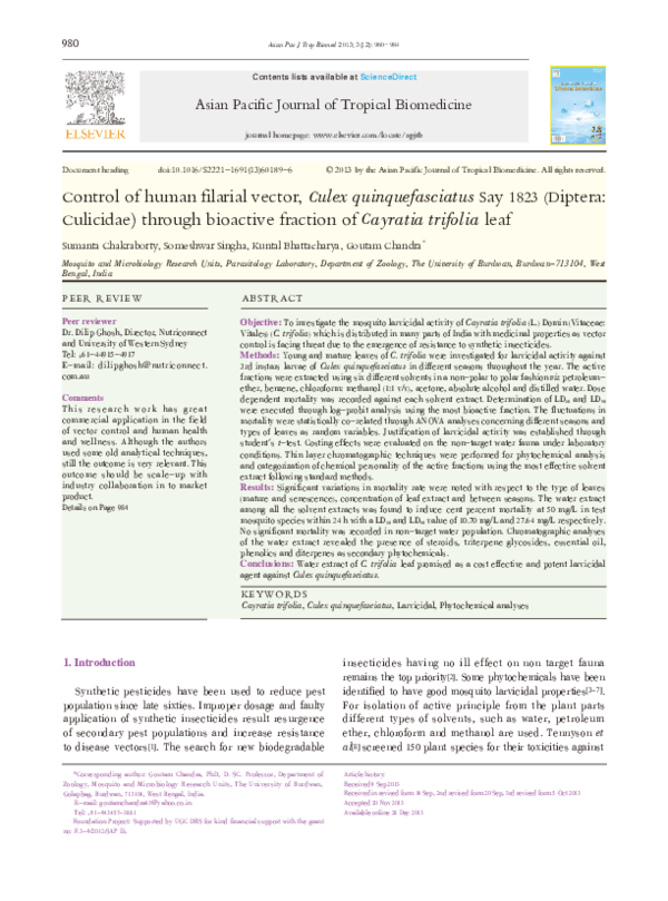 (PDF) Control of human filarial vector, Culex quinquefasciatus Say 1823 ...