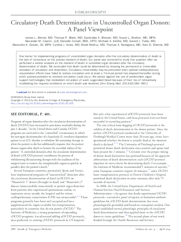 (PDF) Circulatory death determination in uncontrolled organ donors: a ...
