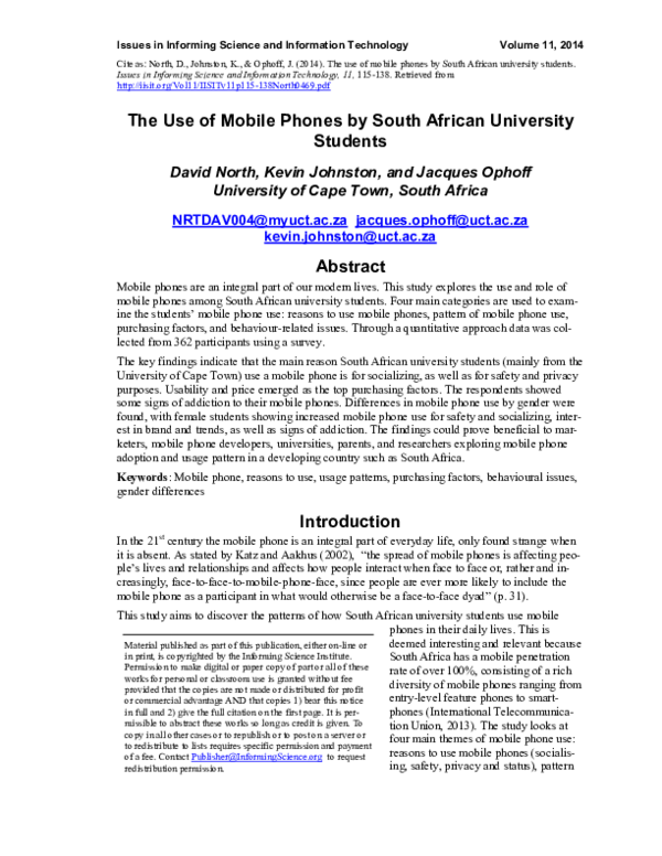 (PDF) The Use of Mobile Phones by South African University Students