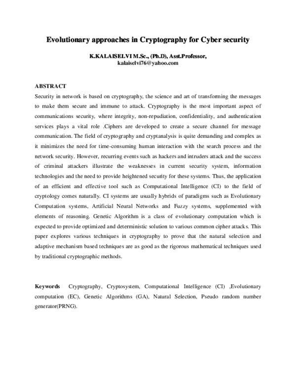 (DOC) Evolutionary approaches using Genetic Algorithm in Cryptography ...