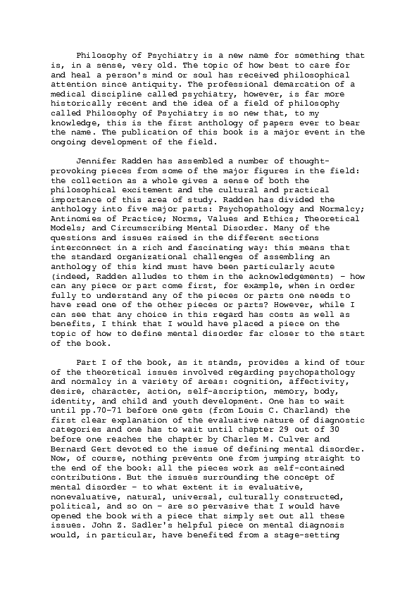 (DOC) Review of Jennifer Radden's The Philosophy of Psychiatry