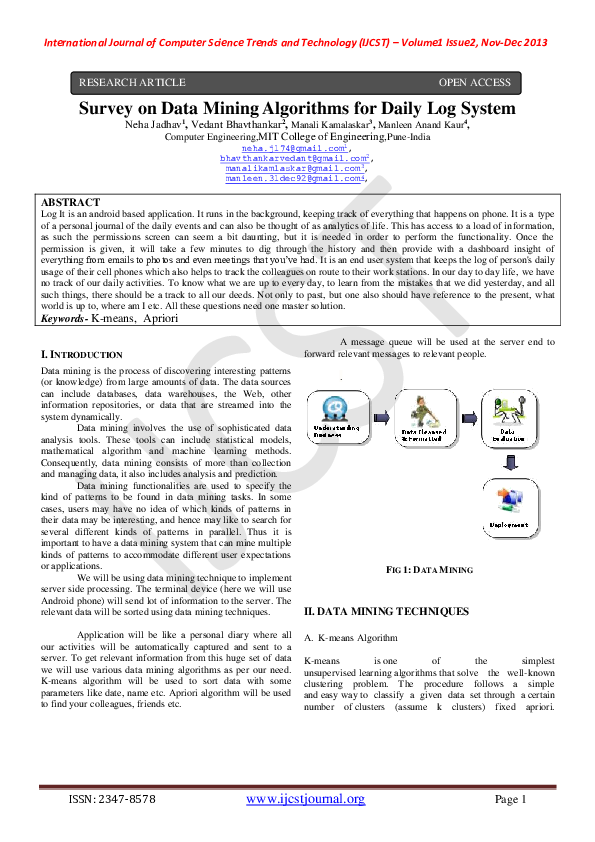 (PDF) Survey on Data Mining Algorithms for Daily Log System