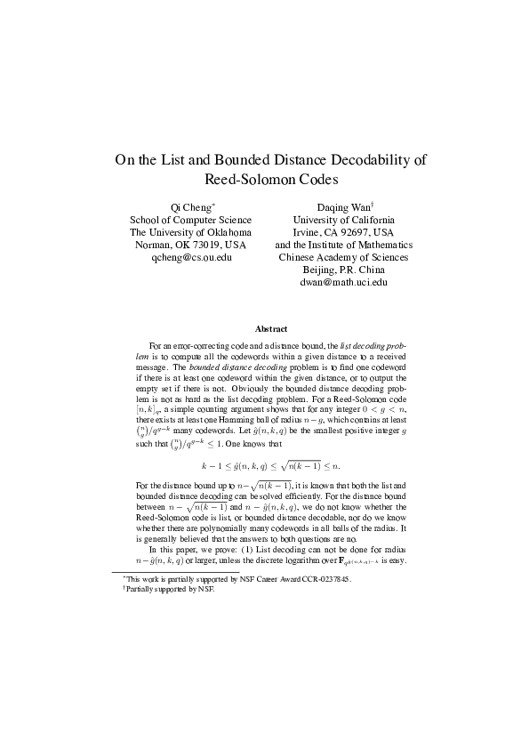  pdf decodability of reed solomon codes list vs bounded distance