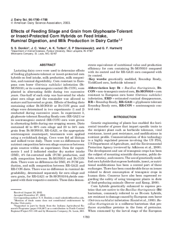 (PDF) Effects of Feeding Silage and Grain from Glyphosate-Tolerant or ...