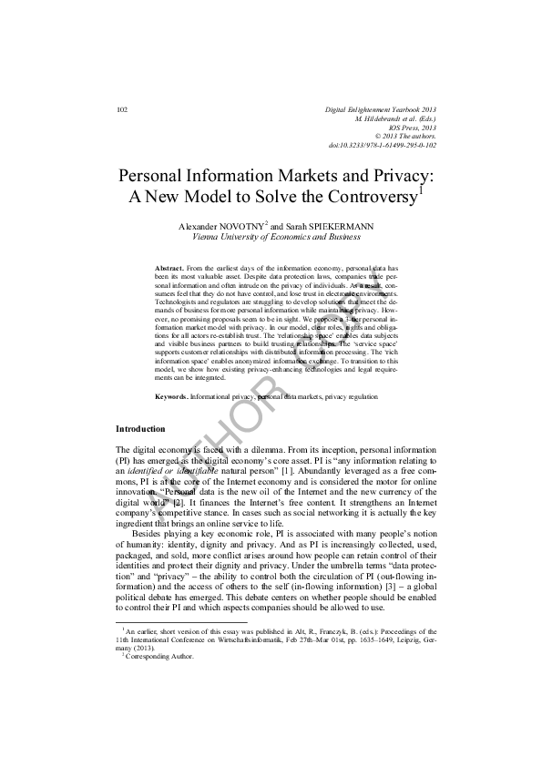 (PDF) Personal Information Markets and Privacy A New Model to Solve