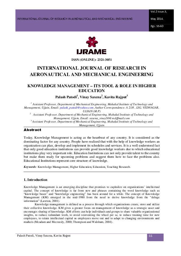 (PDF) KNOWLEDGE MANAGEMENT – ITS TOOL & ROLE IN HIGHER EDUCATION