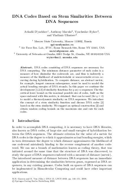 (PDF) DNA Codes Based on Stem Similarities Between DNA Sequences