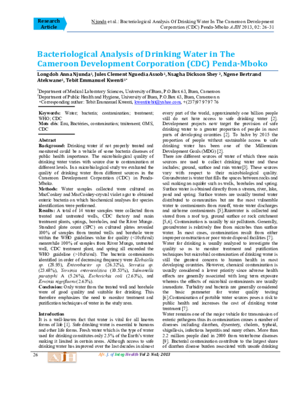 (PDF) Bacteriological Analysis of Drinking Water in The Cameroon ...