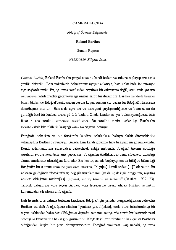 (DOC) CAMERA LUCIDA -Fotoğraf Üzerine Düşünceler- Roland Barthes