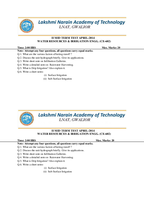 (DOC) II MID TERM TEST APRIL2014 WATER RESOURCES & IRRIGATION ENGG. (CE602 RAMLAKHAN
