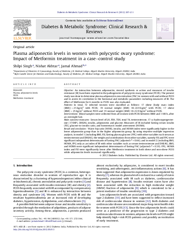 (PDF) Plasma adiponectin levels in women with polycystic ovary syndrome ...