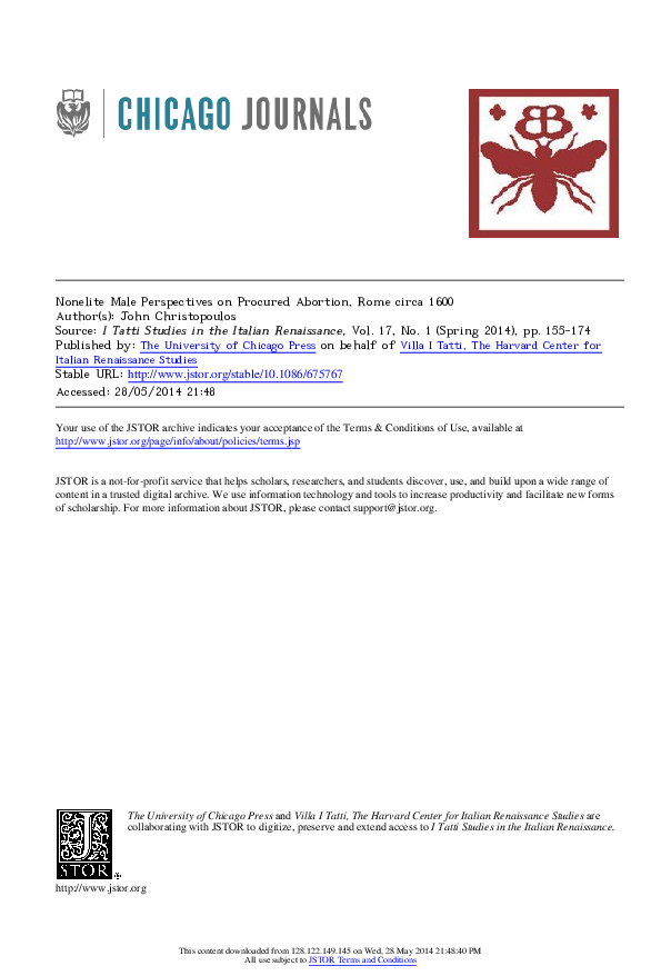 Nonelite Male Perspectives on Procured Abortion, Rome circa 1600