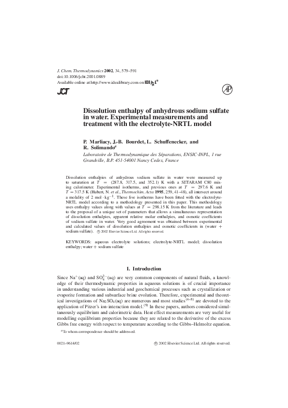 (PDF) Dissolution enthalpy of anhydrous sodium sulfate in water ...