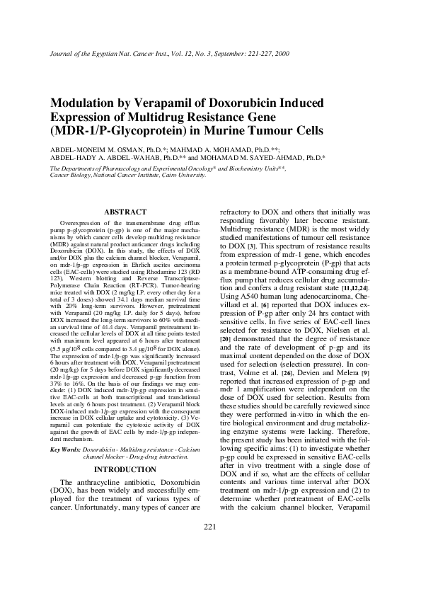 (PDF) Modulation by Verapamil of Doxorubicin Induced Expression of Multidrug Resistance Gene