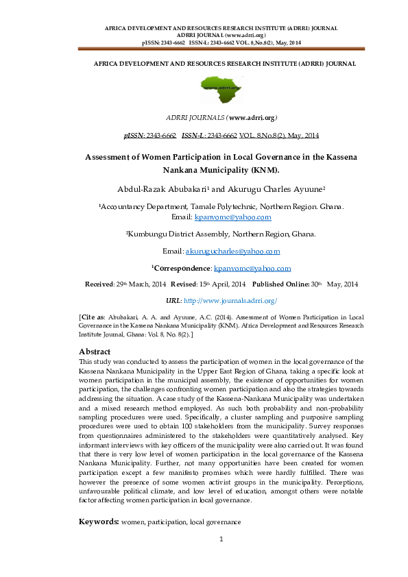(PDF) Assessment of Women Participation in Local Governance in the ...