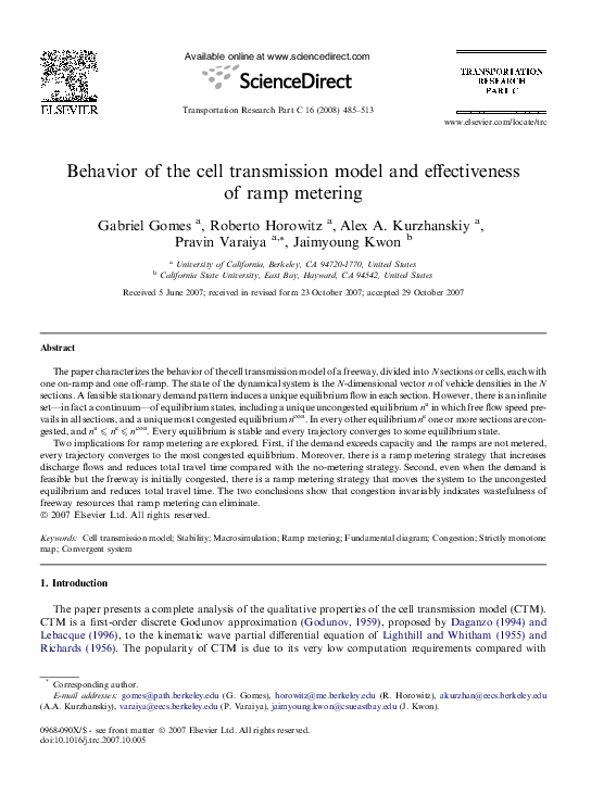 (PDF) Behavior of the cell transmission model and effectiveness of ramp ...