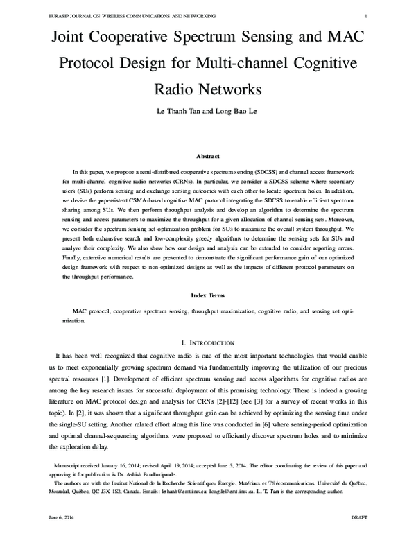 (PDF) Joint Cooperative Spectrum Sensing and MAC Protocol Design for ...
