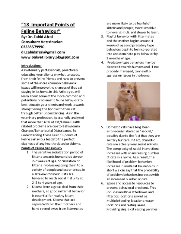 (DOC) 18 Important Points of Feline Behaviour