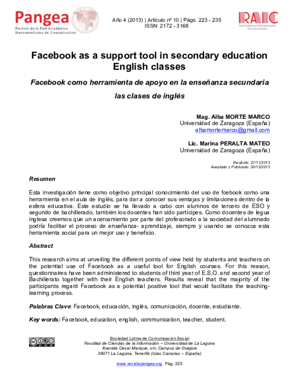 (PDF) Facebook as a support tool in secondary education English classes ...