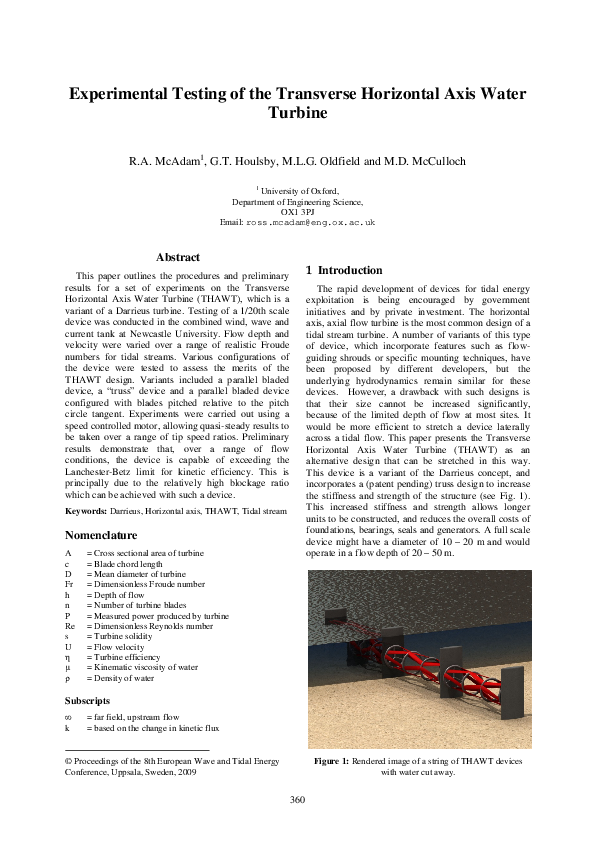 (PDF) Experimental testing of the transverse horizontal axis water turbine