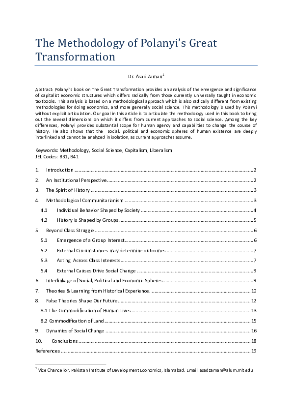 The Methodology of Polanyi's Great Transformation