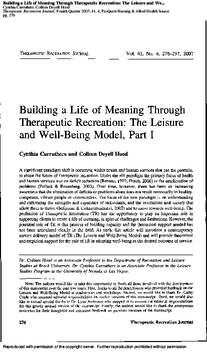(PDF) The Leisure and Well-Being Model Part 1