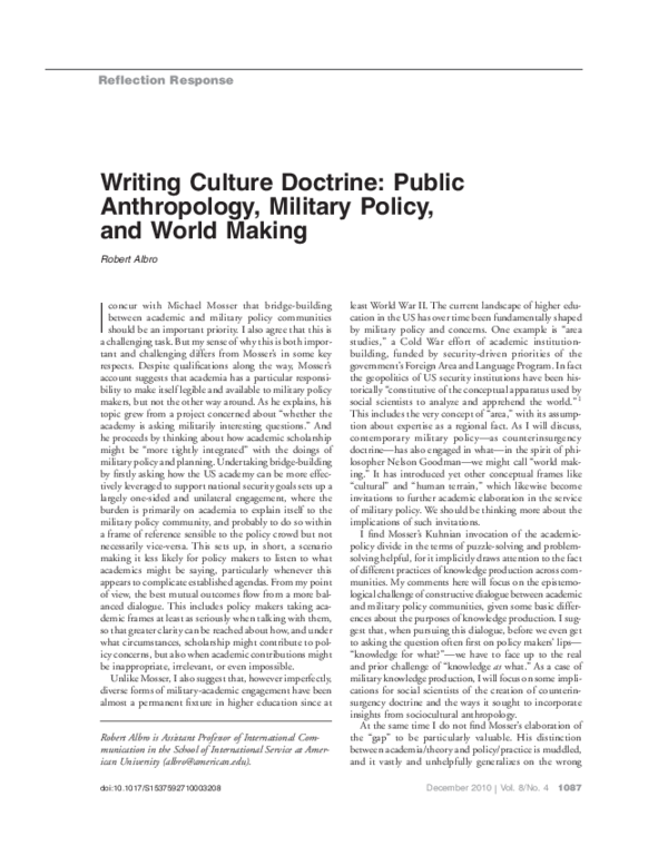 (PDF) Writing Culture Doctrine: Public Anthropology, Military Policy ...