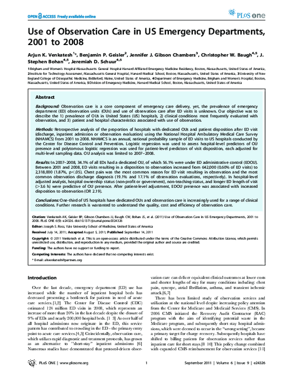 (PDF) Use of observation care in US emergency departments, 2001 to 2008