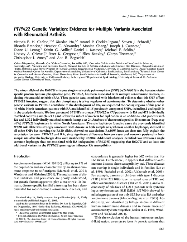 (PDF) PTPN22 Variation Evidence for Multiple Variants