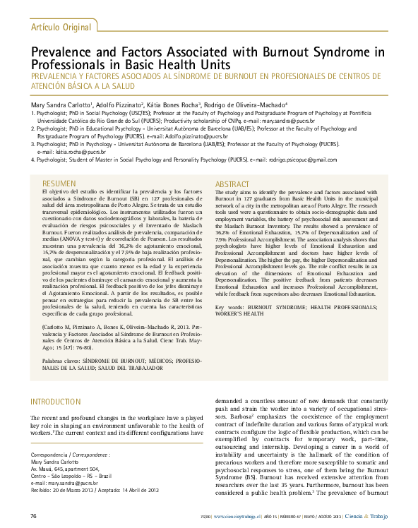 (PDF) Prevalence and Factors Associated with Burnout Syndrome in ...