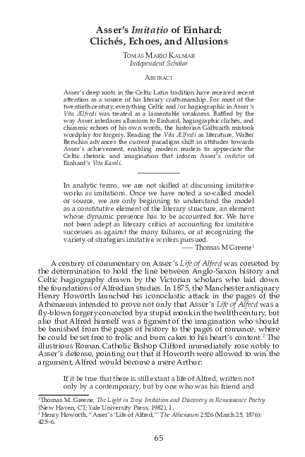 Asser's imitatio of Einhard: clichés, echoes, and allusions, EOLAS 7 (2014), 65-91