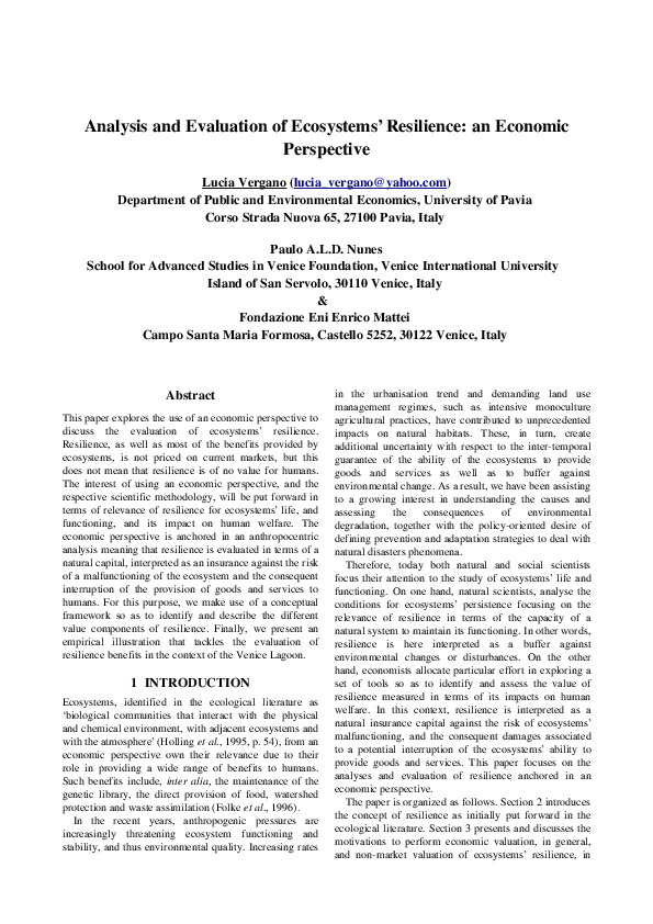 (PDF) Analysis and Evaluation of Ecosystem Resilience: An Economic ...