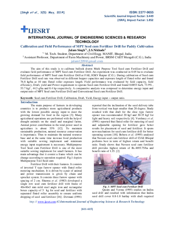 (PDF) Calibration and Field Performance of MPT Seed cum Fertilizer
