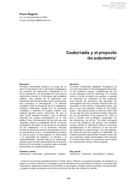 Castoriadis y el proyecto de autonomía