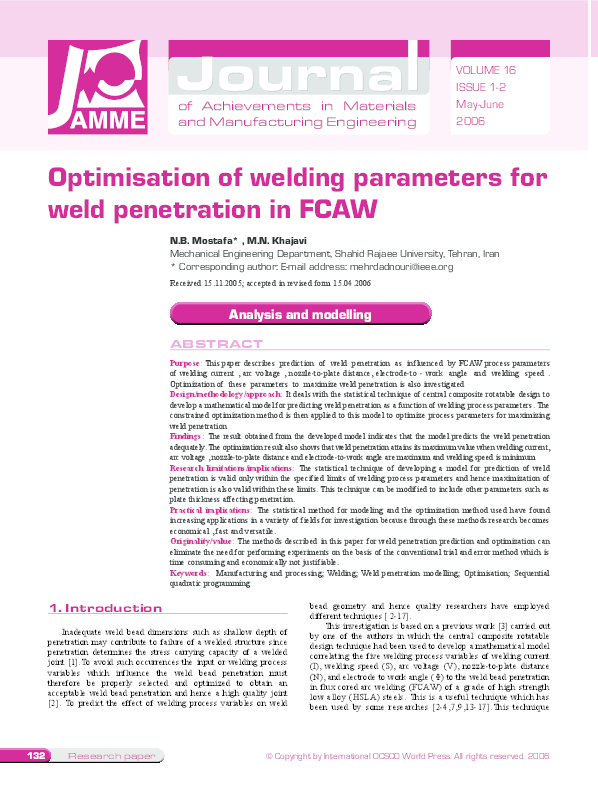 (PDF) Optimisation of welding parameters for weld in FCAW