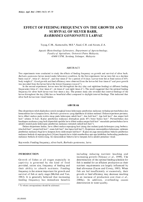 (PDF) Effect of feeding frequency on the growth and survival od silver ...