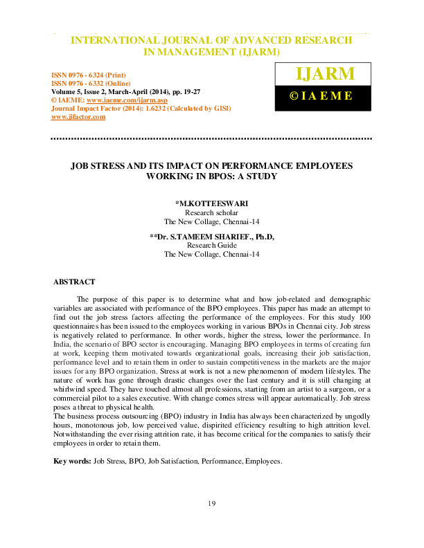 (PDF) JOB STRESS AND ITS IMPACT ON PERFORMANCE EMPLOYEES WORKING IN ...