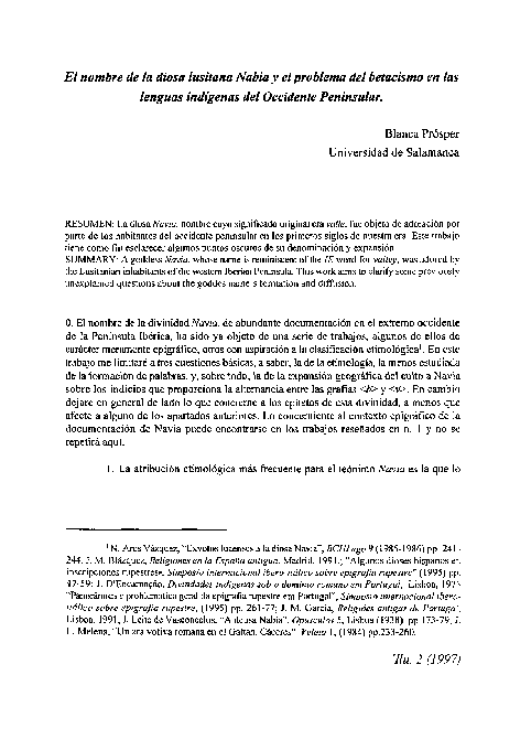 (PDF) El nombre de la diosa lusitana Nabia y el problema del betacismo