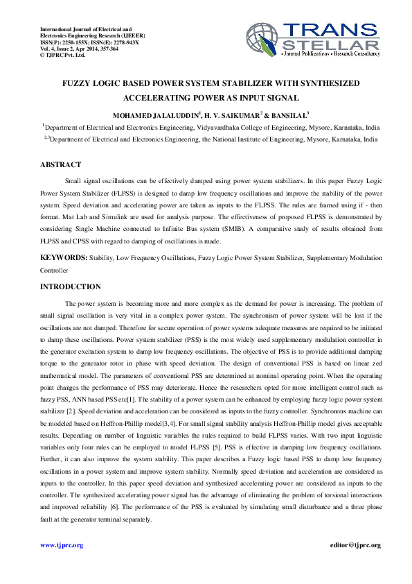 (PDF) FUZZY LOGIC BASED POWER SYSTEM STABILIZER WITH SYNTHESIZED